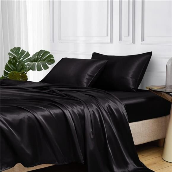 Black Satin Bed Sheets Pillow Covers Luxury Queen Size Silky Bedding Set 4 Pcs - Picture 1 of 6